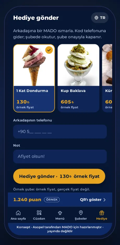 Hediye gönder: arkadaşa MADO ısmarlama ekranı