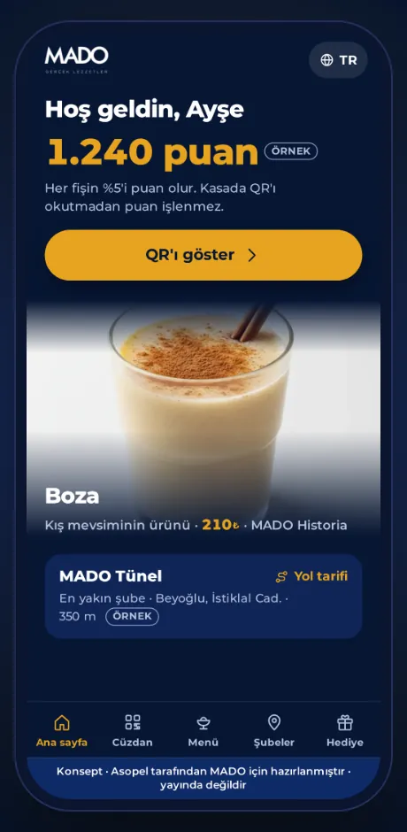 Uygulama ana sayfası: puan bakiyesi, QR'ı göster düğmesi, en yakın şube
