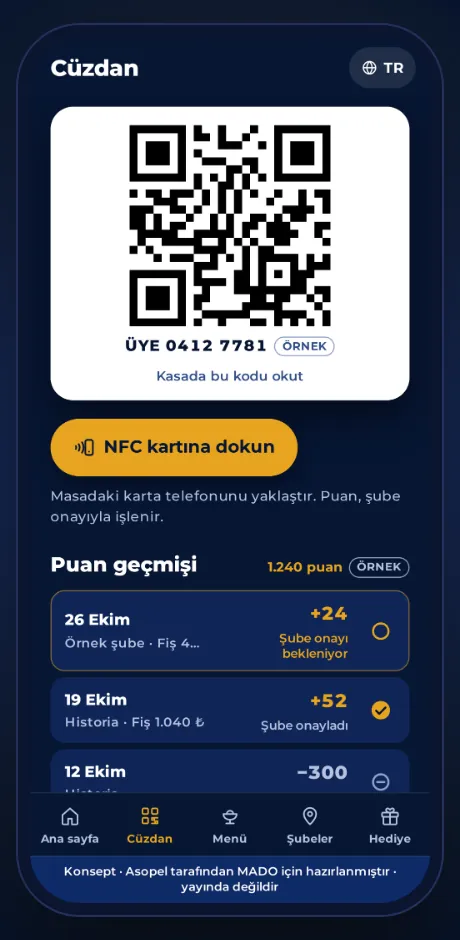 Cüzdan: üye QR kodu, NFC kartına dokun, puan geçmişi